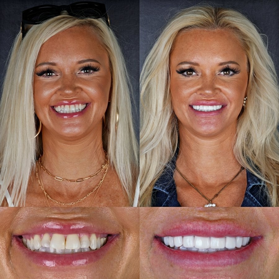 Smile design with Porcelain Veneers (top) and Zoom Teeth Whitening (bottom)